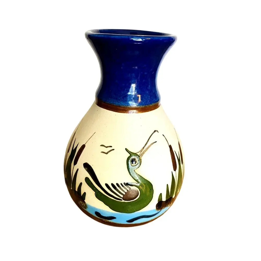 Vintage Tonala Mexico Hand Painted Pottery Vase Blue Neck Bird & Cattails